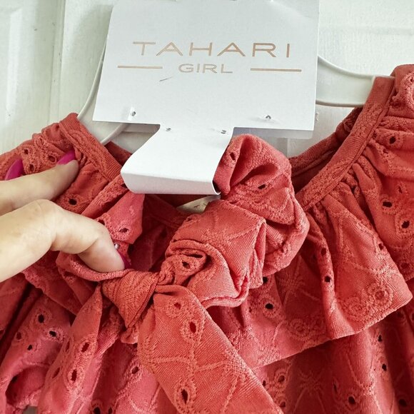 Tahari Girl Size 6 Eyelet Dress Salmon With Hair Scrunchie & Built-In Slip NWT’s - Picture 2 of 9